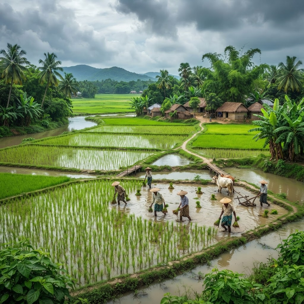 Farmers transplanting rice seedlings in the fertile fields of rural Bangladesh