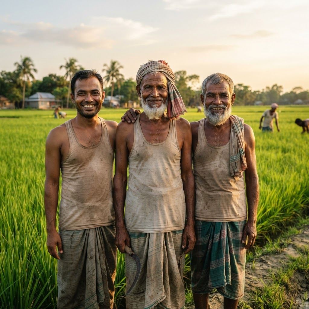 Smiling partner farmers of EvergreenUnitas standing in a green paddy field