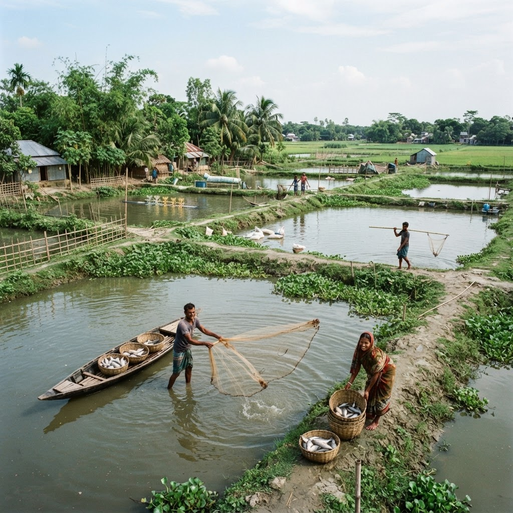 Fish farmers casting nets in aquaculture ponds in rural Bangladesh