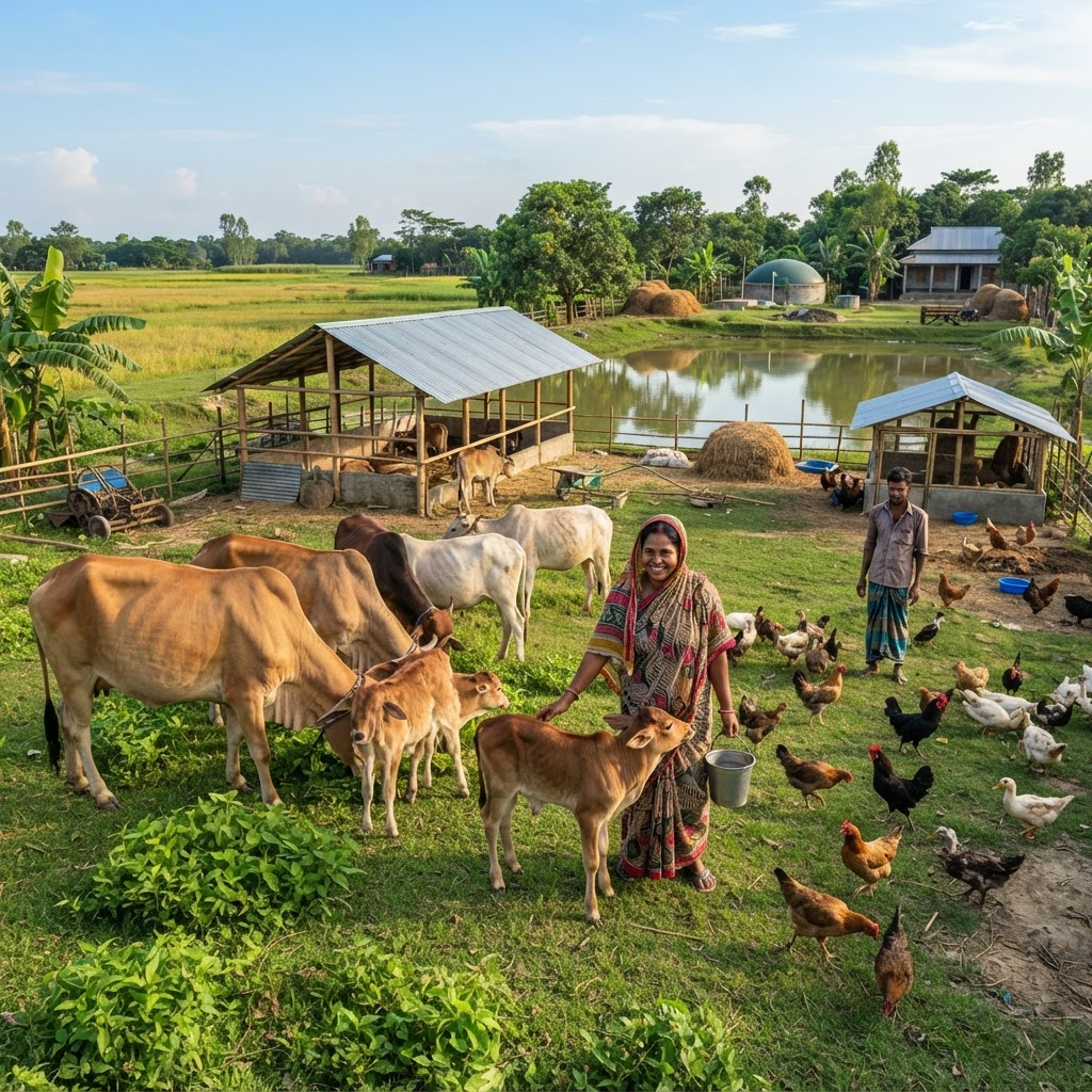 A Bangladeshi farmer caring for cattle and poultry on a village livestock farm