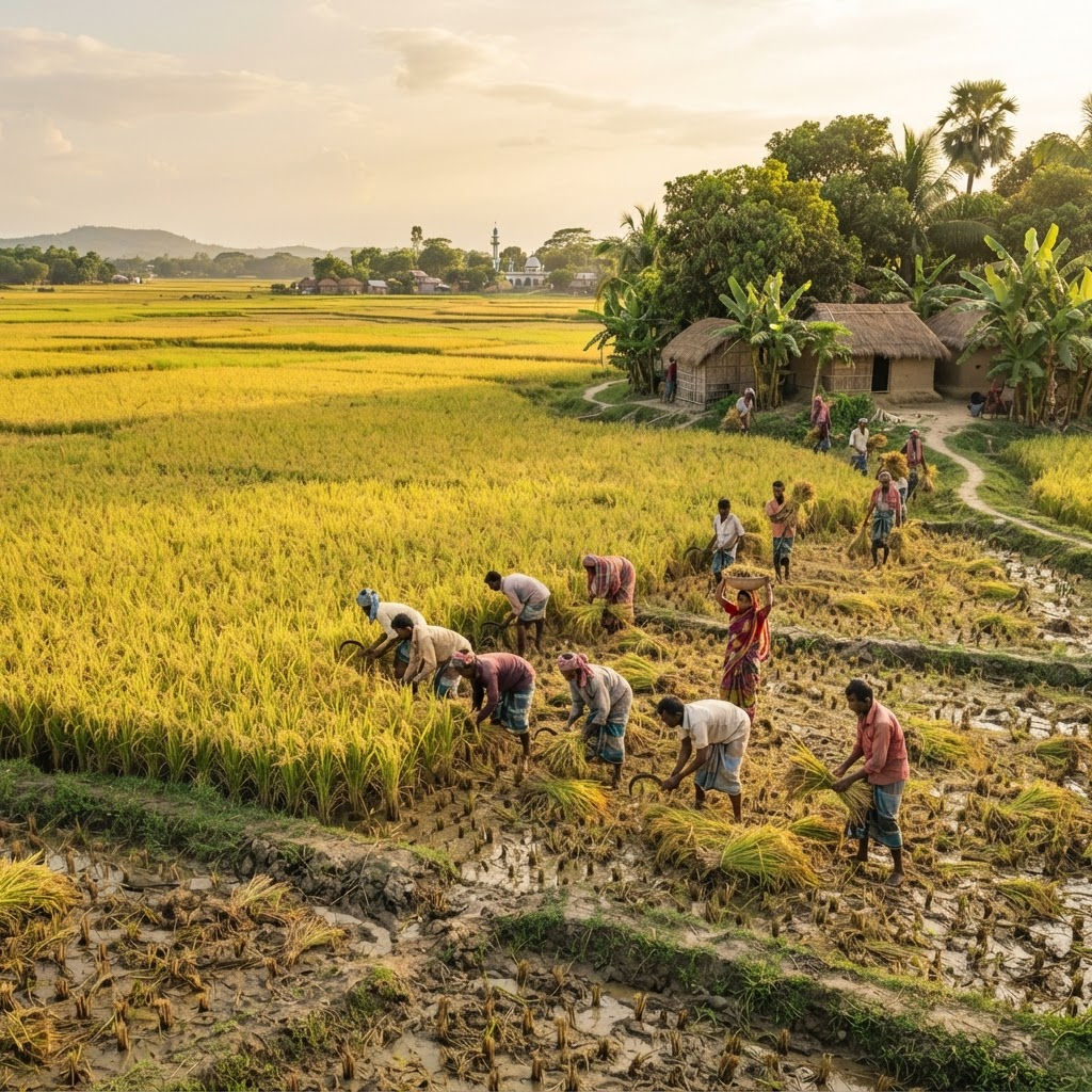 Farmers harvesting golden rice paddies in Bangladesh