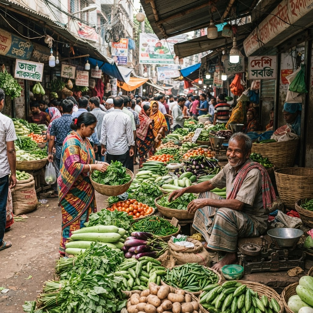 A traditional Bangladeshi market stall stacked with potatoes, onions, gourds, and fresh produce