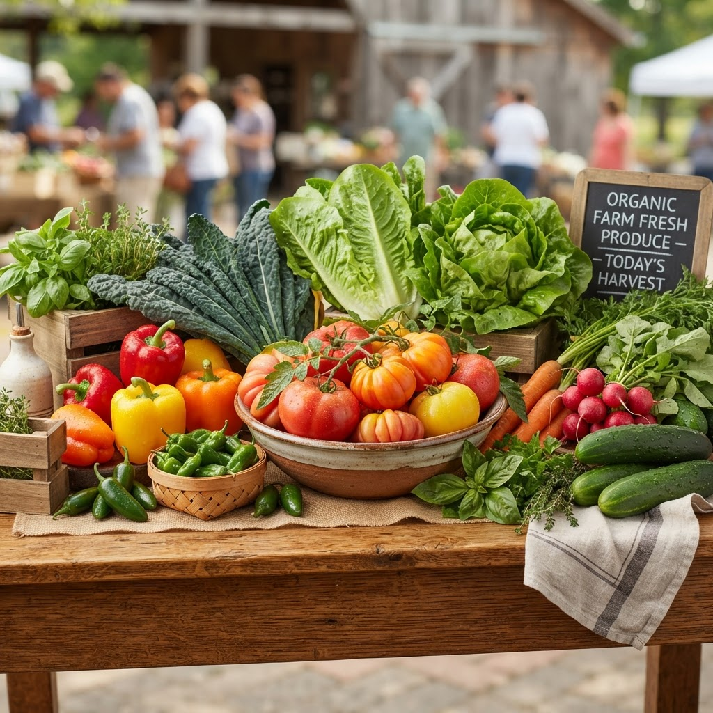 Freshly harvested organic vegetables — tomatoes, leafy greens, peppers, and cucumbers